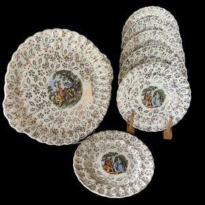 VTG Atlas China Warranted 22 Karat Gold Made in USA 7 Piece Set Platter/Plates